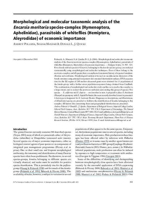 (PDF) Morphological and molecular taxonomic analysis of the Encarsia ...