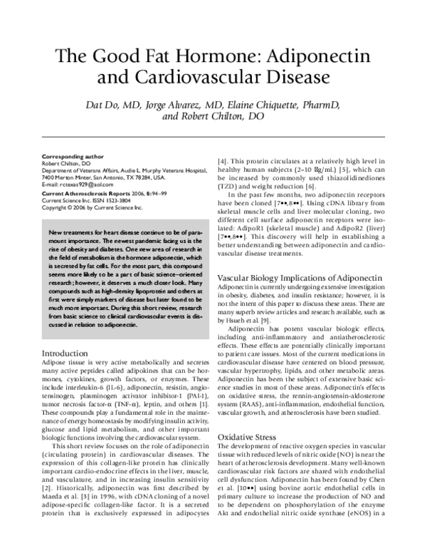 (PDF) The good fat hormone: Adiponectin and cardiovascular disease