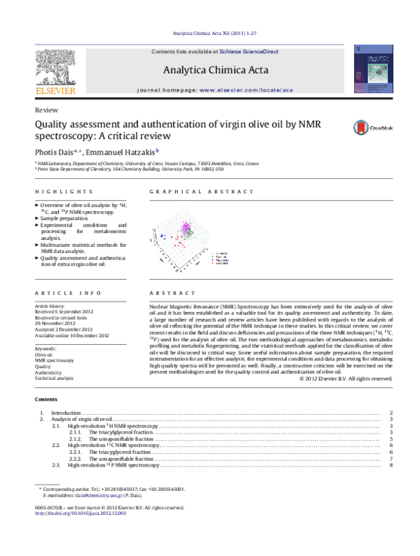 (PDF) Quality assessment and authentication of virgin olive oil by NMR ...