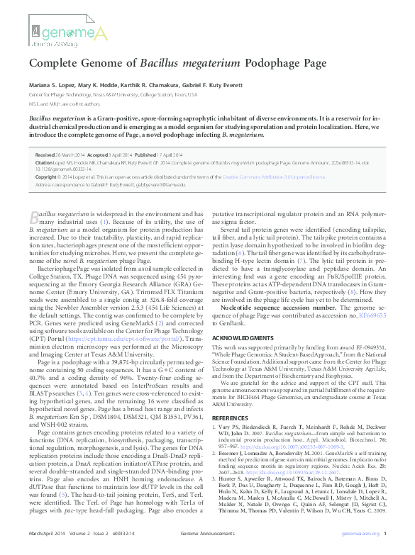 (PDF) Complete Genome of Bacillus megaterium Podophage Pascal
