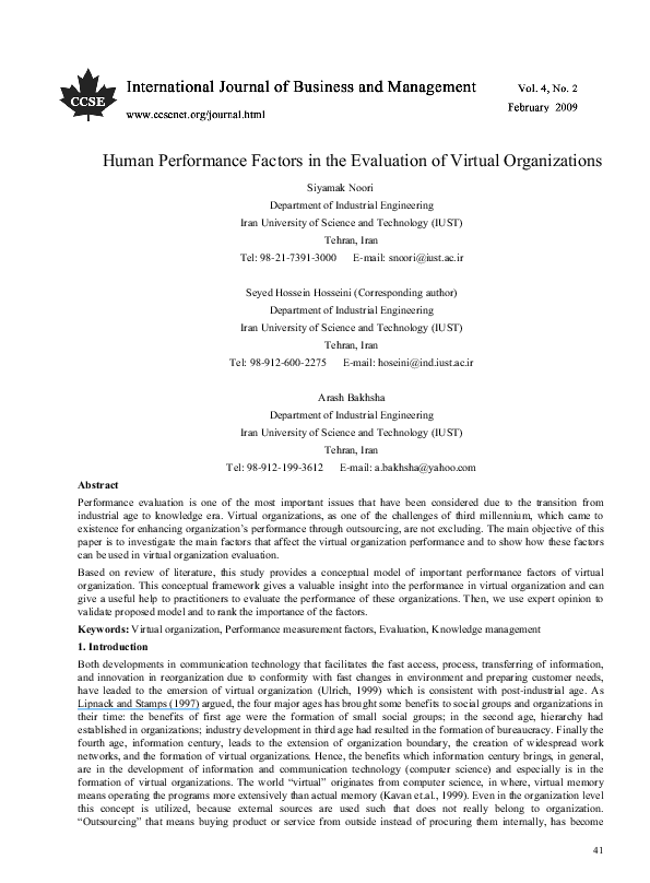 (PDF) Human Performance Factors in the Evaluation of Virtual Organizations