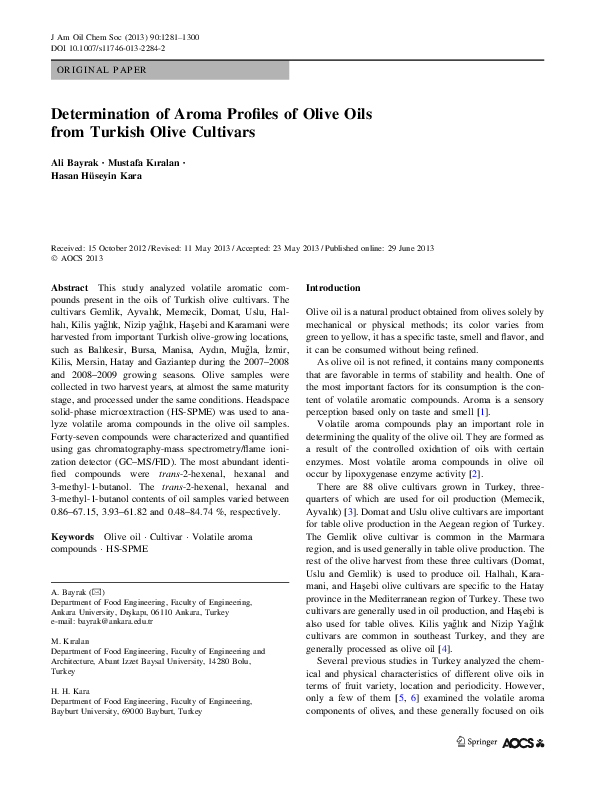 (PDF) Determination of Aroma Profiles of Olive Oils from Turkish Olive ...