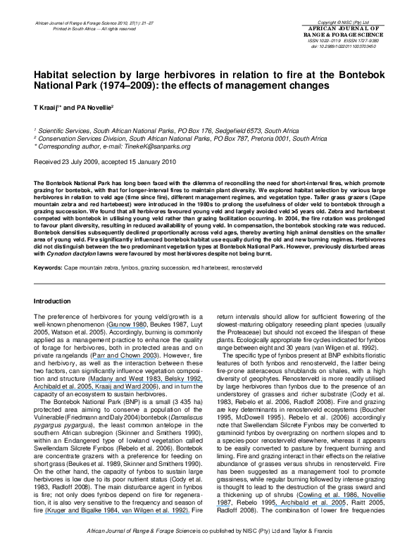 (PDF) Habitat selection by large herbivores in relation to fire at the ...