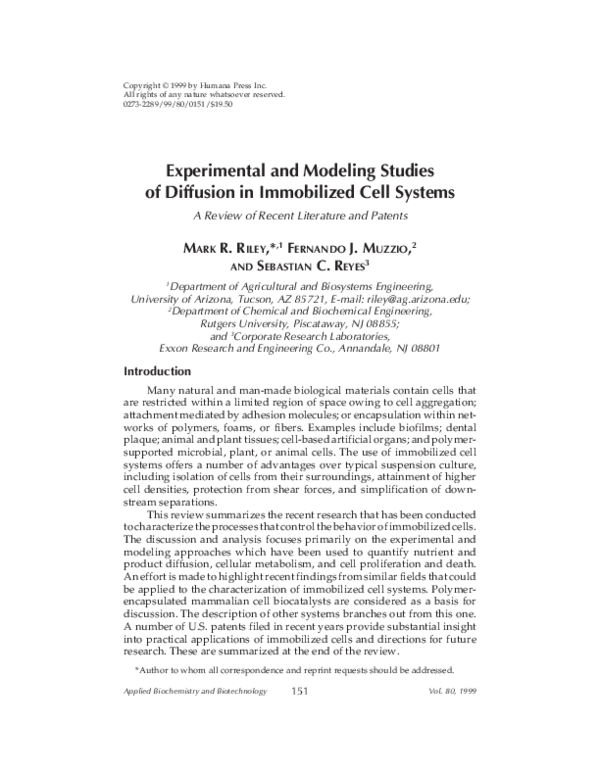 (PDF) Experimental and Modeling Studies of Diffusion in Immobilized ...