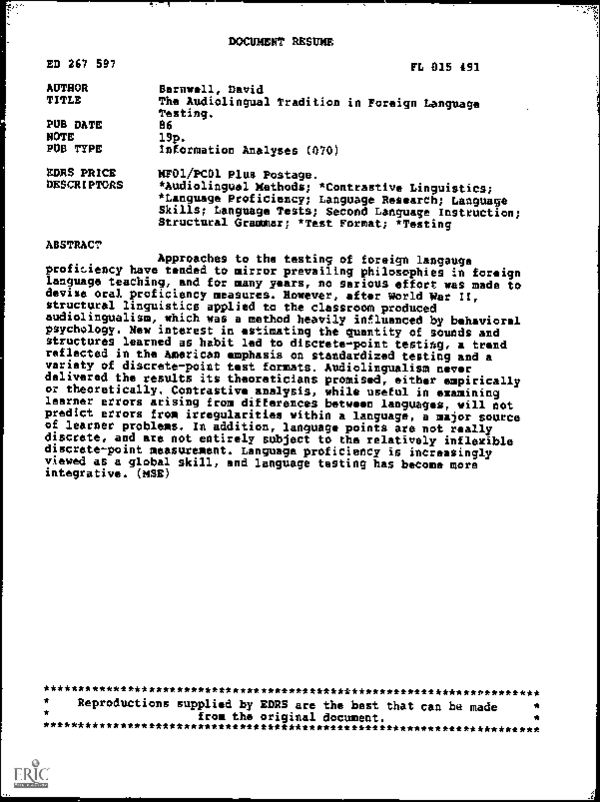(PDF) The Audiolingual Tradition in Foreign Language Testing
