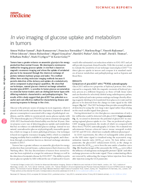 (PDF) In vivo imaging of glucose uptake and metabolism in tumors