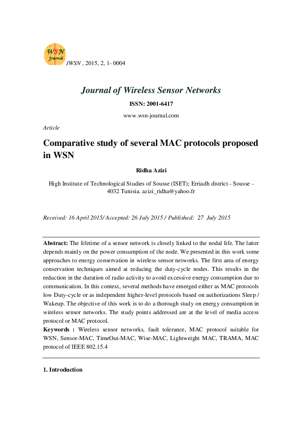 (PDF) Comparative study of several MAC protocols proposed in WSN