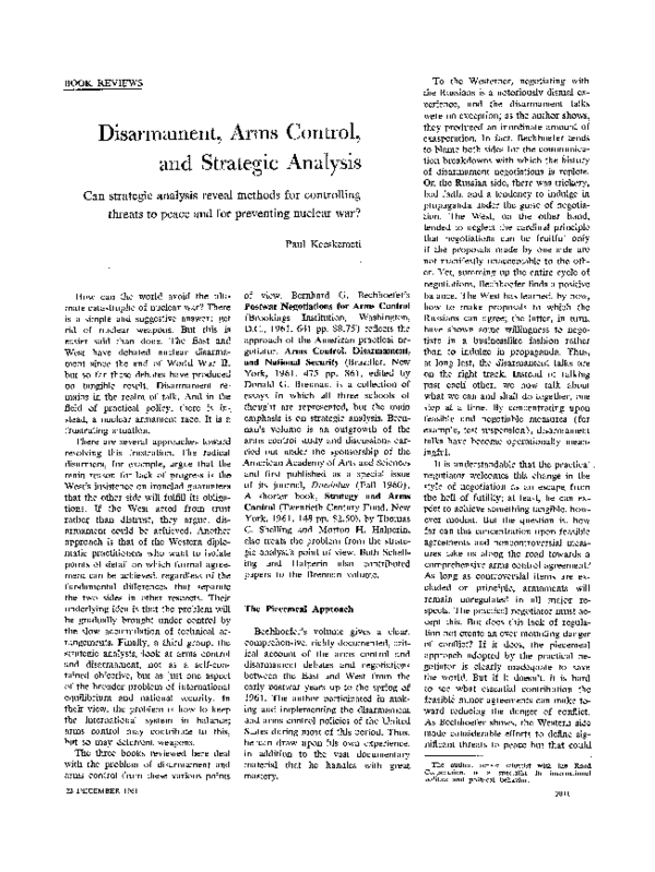 (PDF) Disarmament, Arms Control, and Strategic Analysis: Can strategic ...