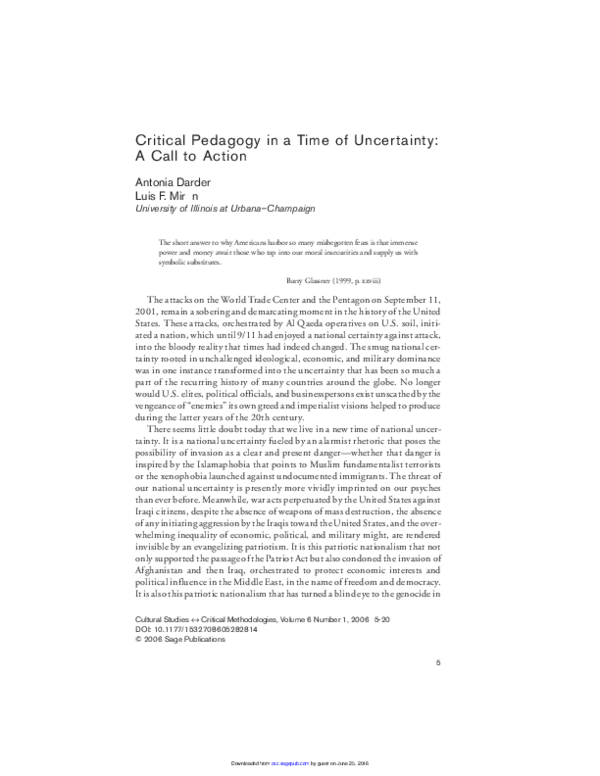 (PDF) Critical Pedagogy in a Time of Uncertainty: A Call to Action