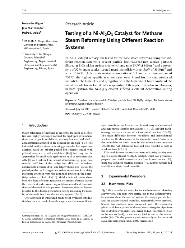 (PDF) Testing of a Ni-Al2O3 Catalyst for Methane Steam Reforming Using ...