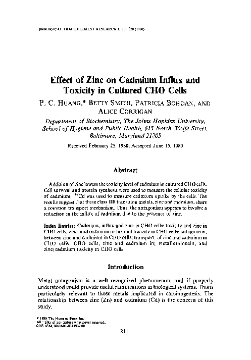 (PDF) Effect of zinc on cadmium influx and toxicity in cultured CHO cells