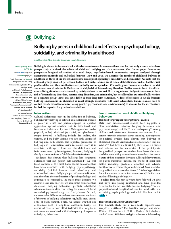 (PDF) Bullying 2 Bullying by peers in childhood and eff ects on ...
