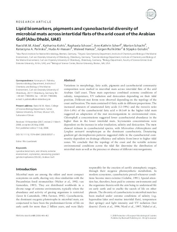 (PDF) Lipid biomarkers, pigments and cyanobacterial diversity of