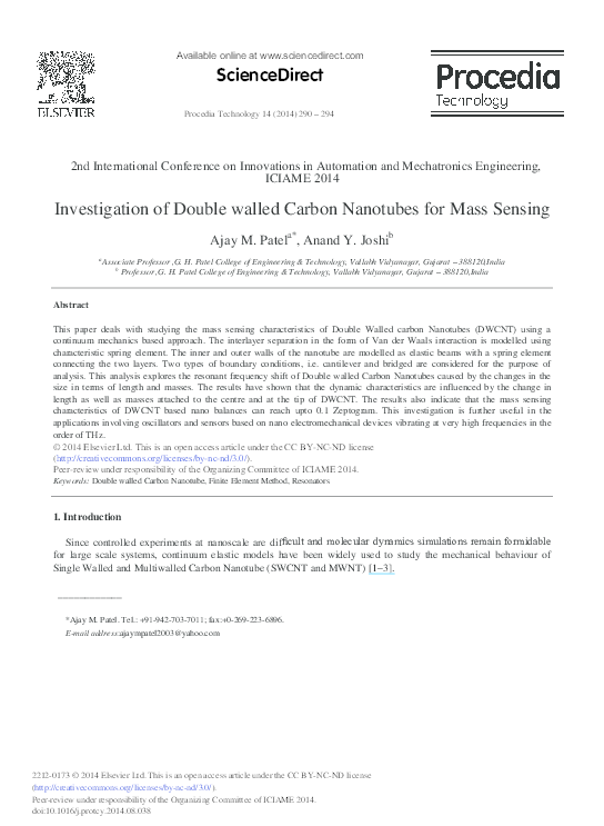 (PDF) Investigation of Double Walled Carbon Nanotubes for Mass Sensing