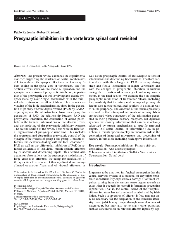 (PDF) Presynaptic inhibition in the vertebrate spinal cord revisited