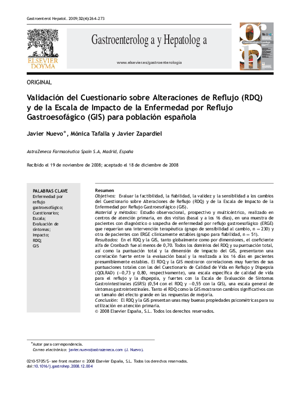 (PDF) Validación del Cuestionario sobre Alteraciones de Reflujo (RDQ) y ...