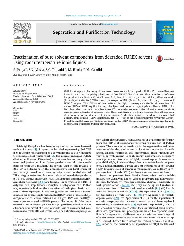 (PDF) Fractionation of pure solvent components from degraded PUREX ...
