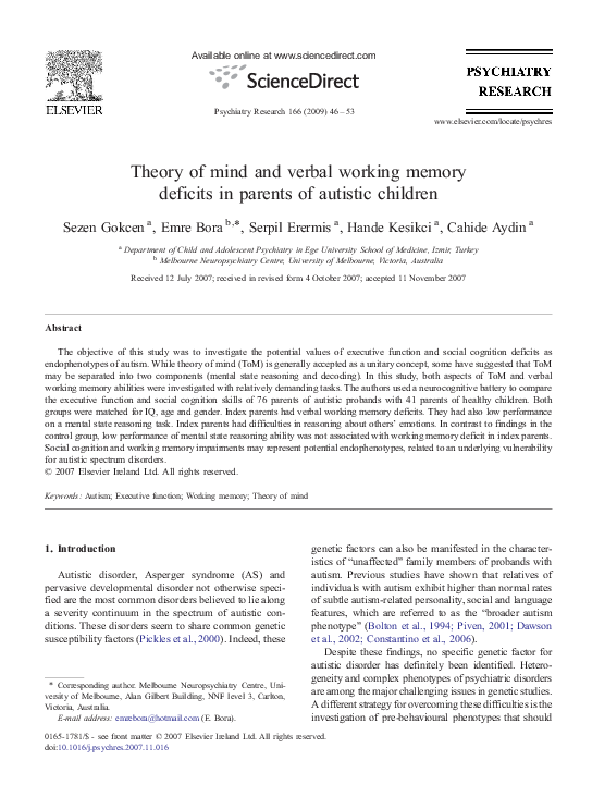 (PDF) Theory of mind and verbal working memory deficits in parents of ...