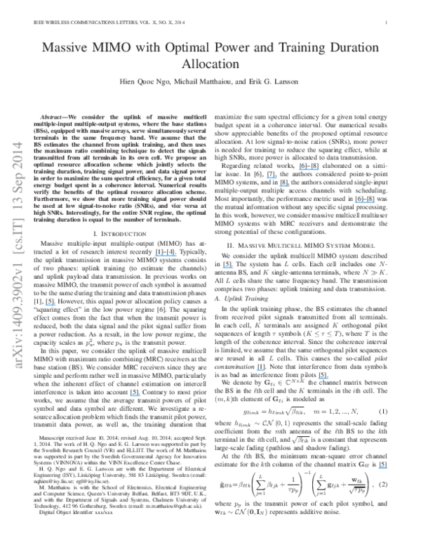 (PDF) Massive MIMO With Optimal Power and Training Duration Allocation