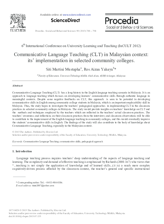(PDF) Communicative Language Teaching (CLT) in Malaysian Context: Its ...