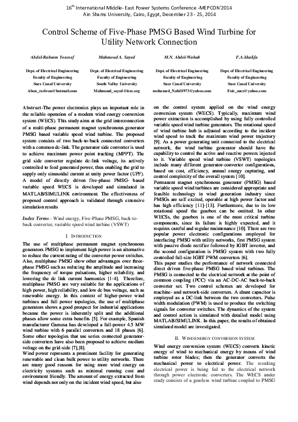 (PDF) Control Scheme of Five-Phase PMSG Based Wind Turbine for Utility ...
