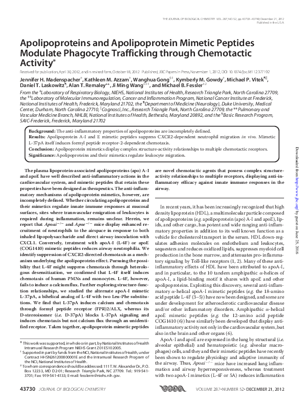 (PDF) Apolipoproteins and Apolipoprotein Mimetic Peptides Modulate ...
