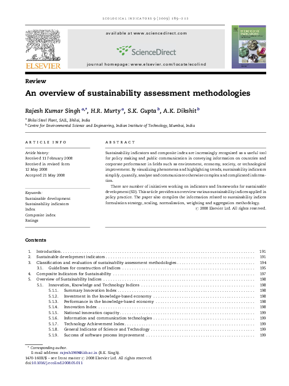 (PDF) An overview of sustainability assessment methodologies