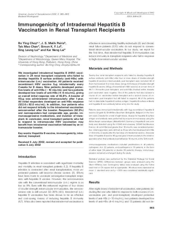 (PDF) Immunogenicity of Intradermal Hepatitis B Vaccination in Renal ...