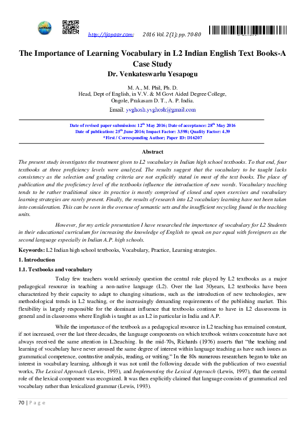 (PDF) The Importance of Learning Vocabulary in L2 Indian English Text ...