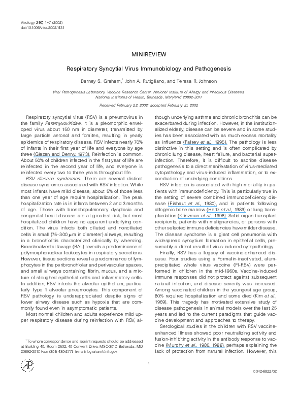 (PDF) Respiratory Syncytial Virus Immunobiology and Pathogenesis