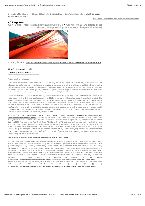 (PDF) What’s the matter with Chinese Think Tanks? - China Policy ...