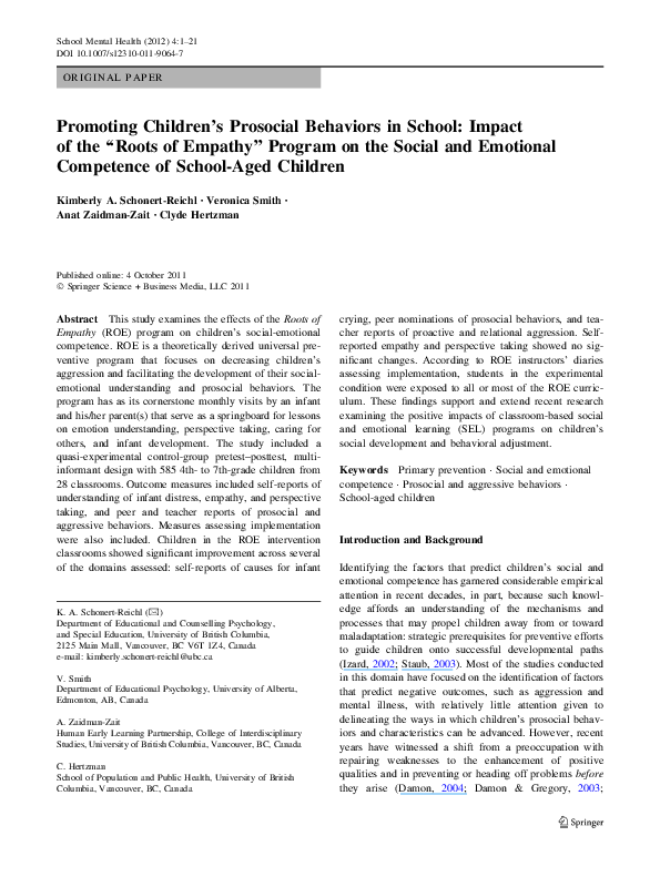 (PDF) Promoting Children’s Prosocial Behaviors in School: Impact of the ...