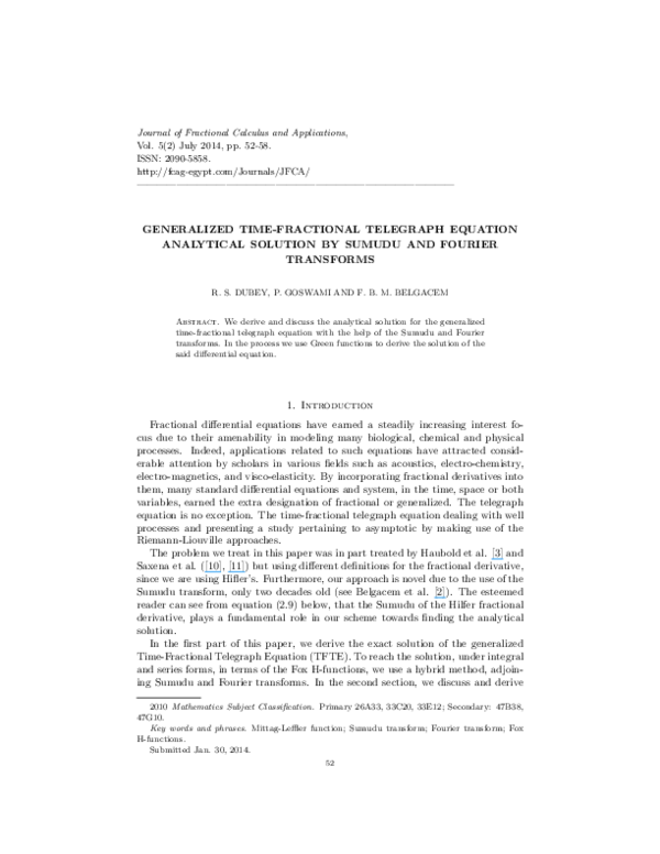 (PDF) GENERALIZED TIME-FRACTIONAL TELEGRAPH EQUATION ANALYTICAL ...