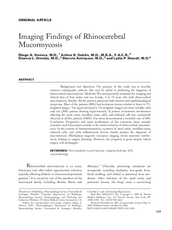 (PDF) Imaging Findings of Rhinocerebral Mucormycosis