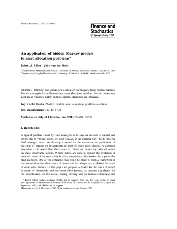 (PDF) An application of hidden Markov models to asset allocation problems
