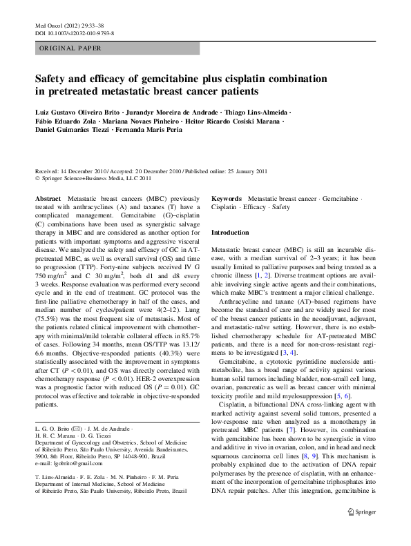(PDF) Safety and efficacy of gemcitabine plus cisplatin combination in ...