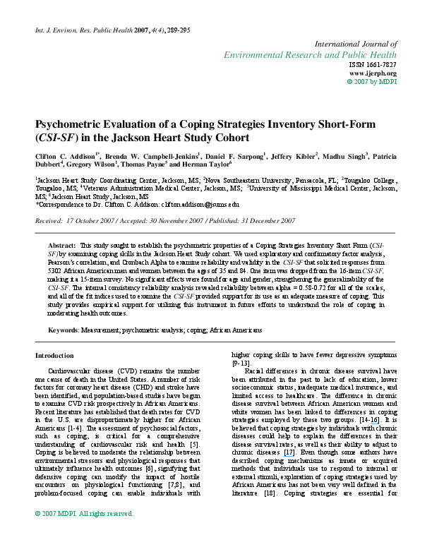 (PDF) Psychometric Evaluation of a Coping Strategies Inventory Short ...