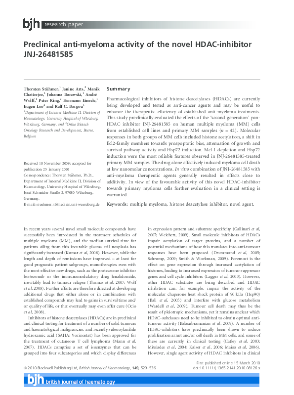 (PDF) Preclinical anti-myeloma activity of the novel HDAC-inhibitor JNJ ...