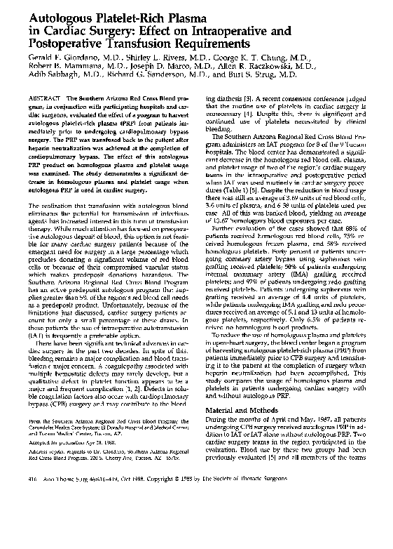 (PDF) Autologous Platelet-Rich Plasma in Cardiac Surgery: Effect on ...