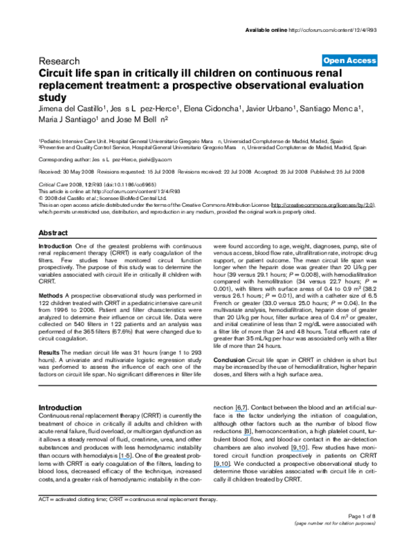 (PDF) Circuit life span in critically ill children on continuous renal ...