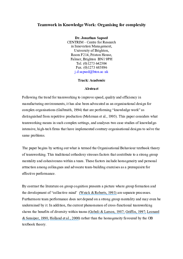 (PDF) Teamwork in Knowledge Work: Organising for complexity