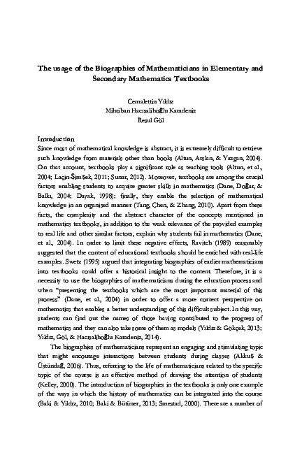 (PDF) The usage of the Biographies of Mathematicians in Elementary and ...