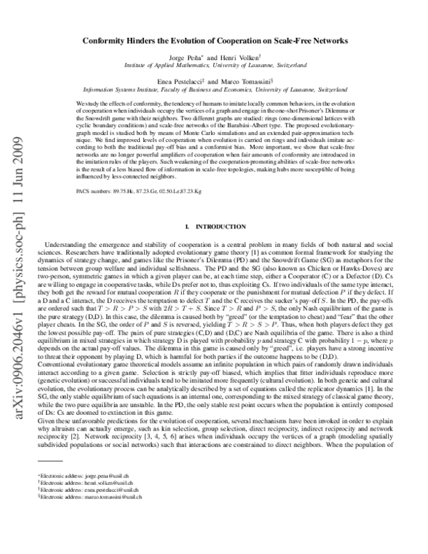 (PDF) Conformity hinders the evolution of cooperation on scale-free ...