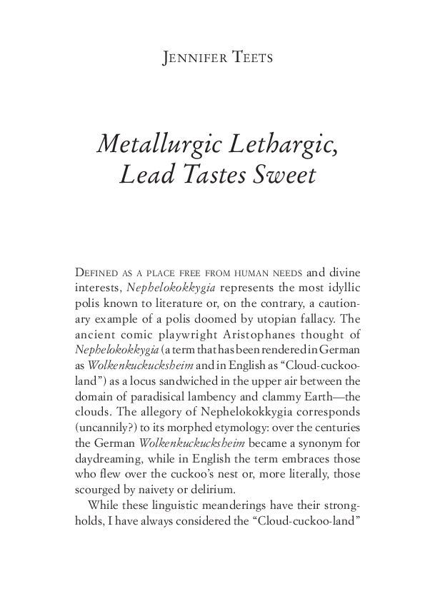 (PDF) Metallurgic Lethargic, Lead Tastes Sweet Jennifer Teets