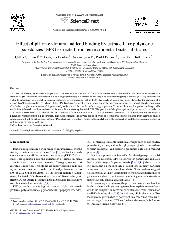 (PDF) Effect of pH on cadmium and lead binding by extracellular ...