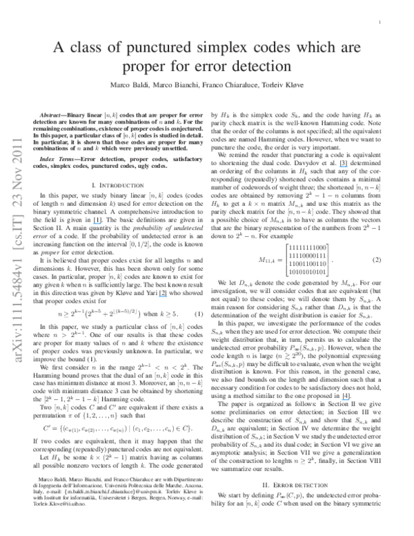 (PDF) A Class of Punctured Simplex Codes Which Are Proper for Error