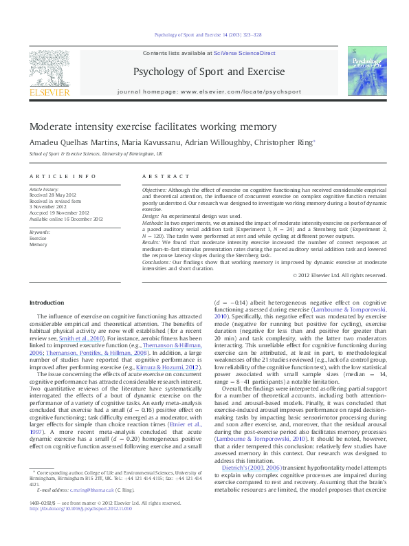 (PDF) Moderate intensity exercise facilitates working memory