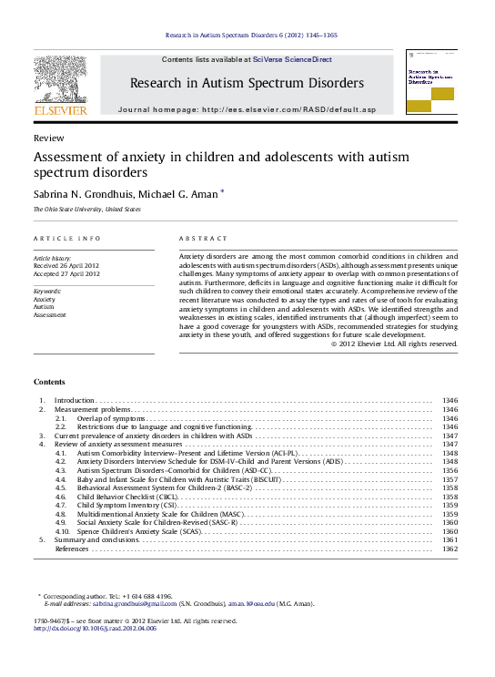 (PDF) Assessment of anxiety in children and adolescents with autism ...
