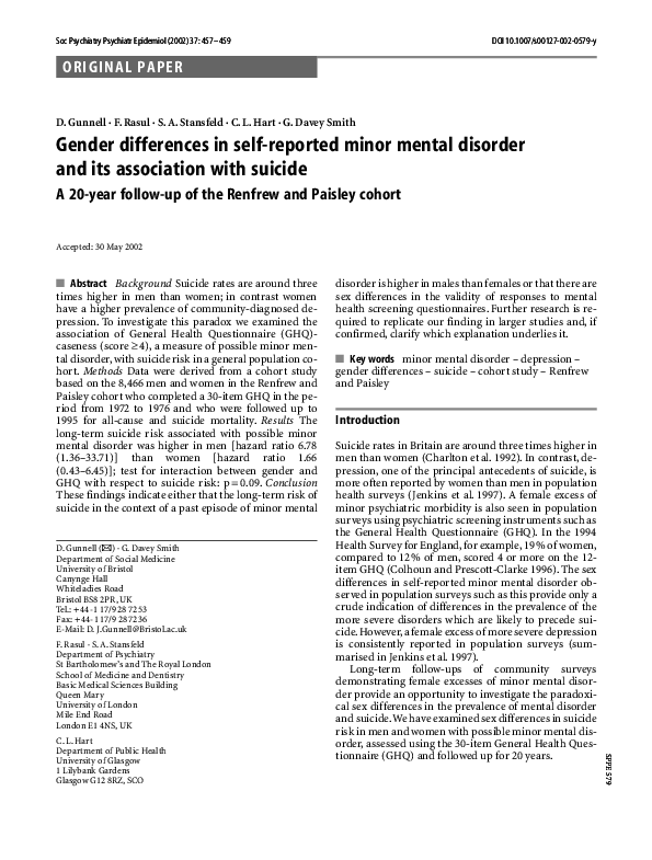 (PDF) Gender differences in self-reported minor mental disorder and its ...