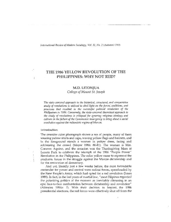 (PDF) THE 1986 YELLOW REVOLUTION OF THE PHILIPPINES WHY NOT RED? MD Litonjua Academia.edu
